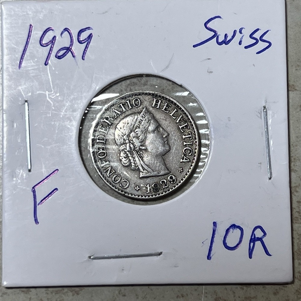 1929 Switzerland 10 Rappen Swiss Coin - Bern Mint "B" - Fine (F)